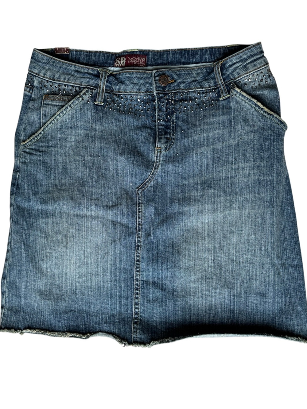 Vintage SB Denim Rhinestone Studded Denim Skirt Y2K Size 9/10